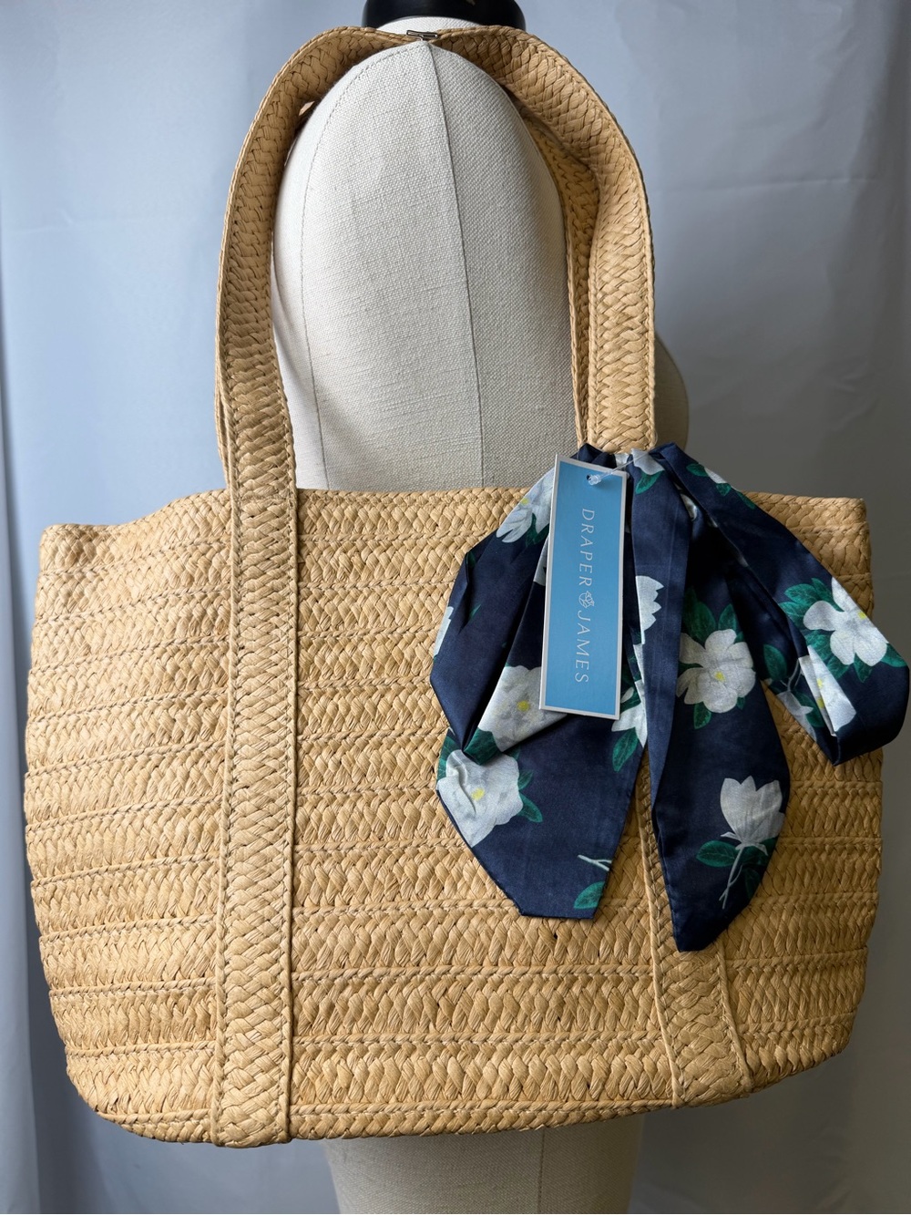 Draper James NWT Straw Tote Bag Natural Woven Beach Shopper w/Floral Scarf